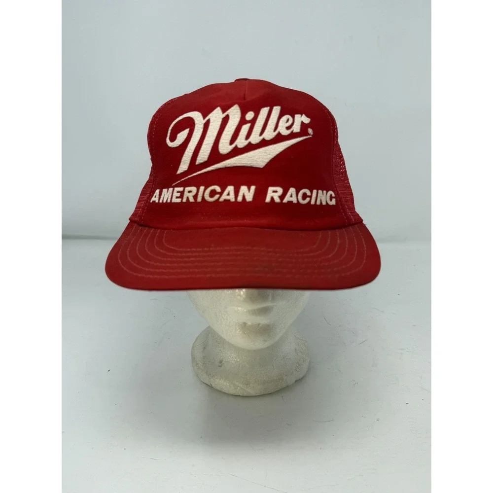 VTG 80s Miller American Racing Trucker Hat Red‎ Mesh Snapback Made in USA Winner